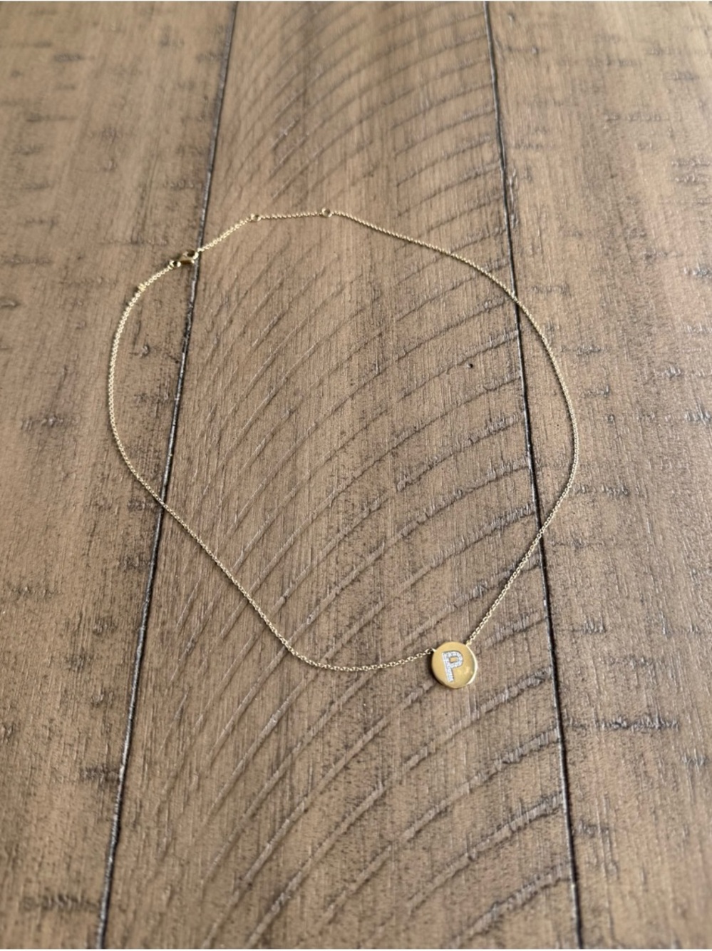 14K 585 Yellow Gold Diamond Initial P Disc Necklace